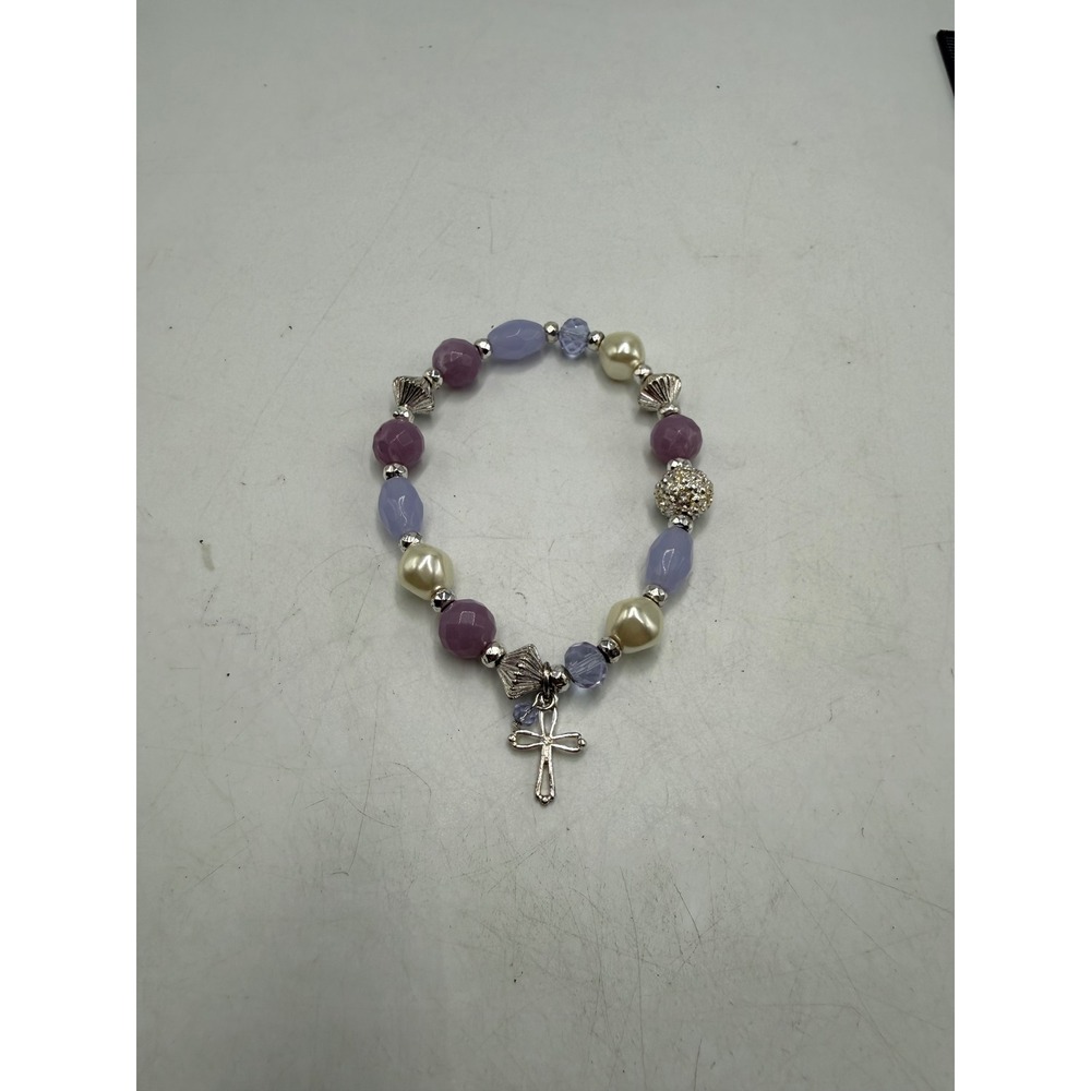 Purple Beaded Stretch Bracelet Silver Tone Cross Charm Faux Pearl Rhinestone